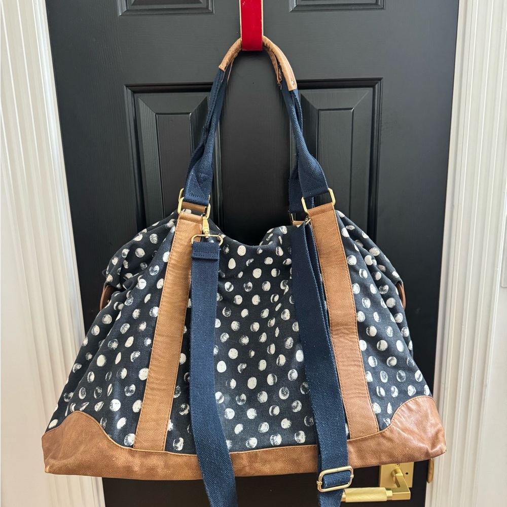Merona Navy with White Polka Dots & Leather Accents Duffle / Weekender Bag